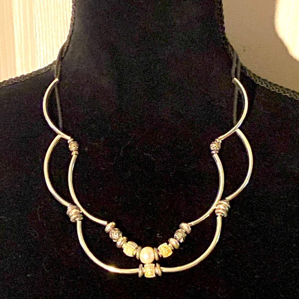 Lizzy James Black Cord Silver Tube PearlBeads 2 Strand Necklace 48$